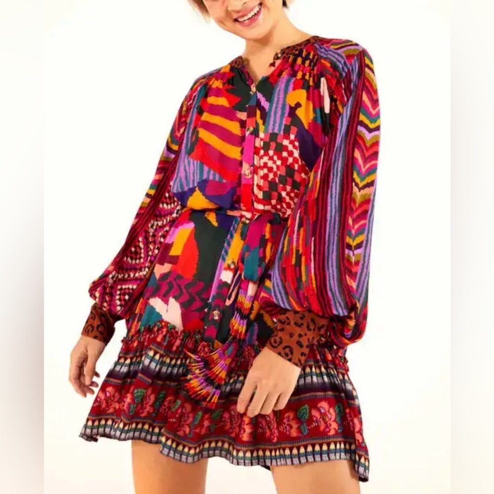 Farm Rio | Mixed Abstract Patches Mini Dress with beaded belt